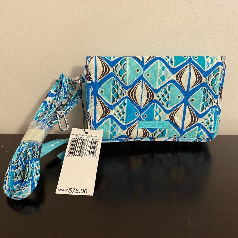 Vera Bradley Go Fish Aqua Blue RFID Wristlet Wallet Crossbody NWT